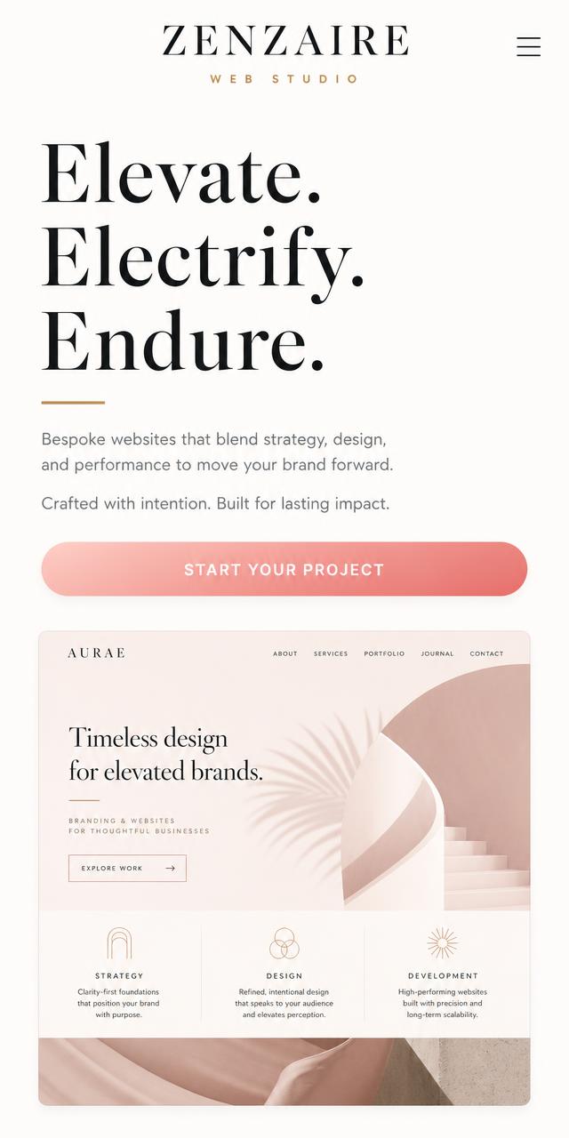 The same website shown on a mobile phone with a full-width call-to-action button