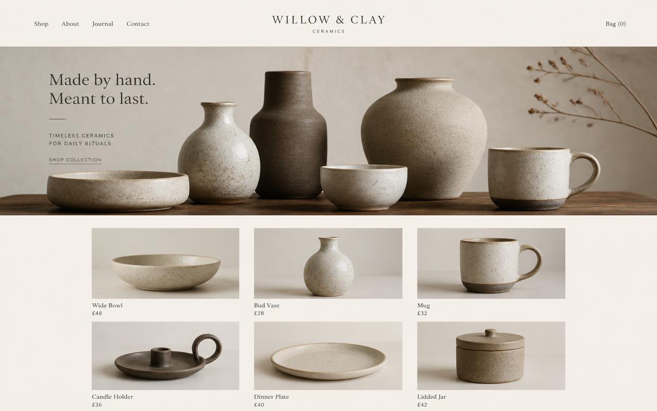 Desktop layout of the Willow & Clay concept store showing a product grid on a cream background