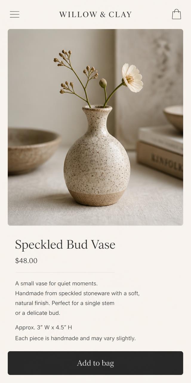 Mobile layout of the Willow & Clay concept store showing a product page with an add-to-cart button