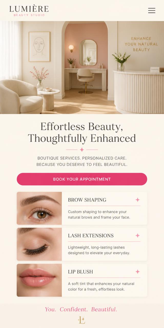Mobile layout of the Lumière Beauty Studio concept site showing the booking button fixed near the thumb